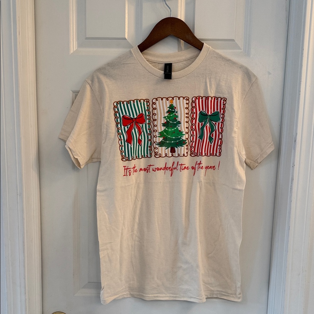 Gildan Cream Holiday T-Shirt with Festive Designs
